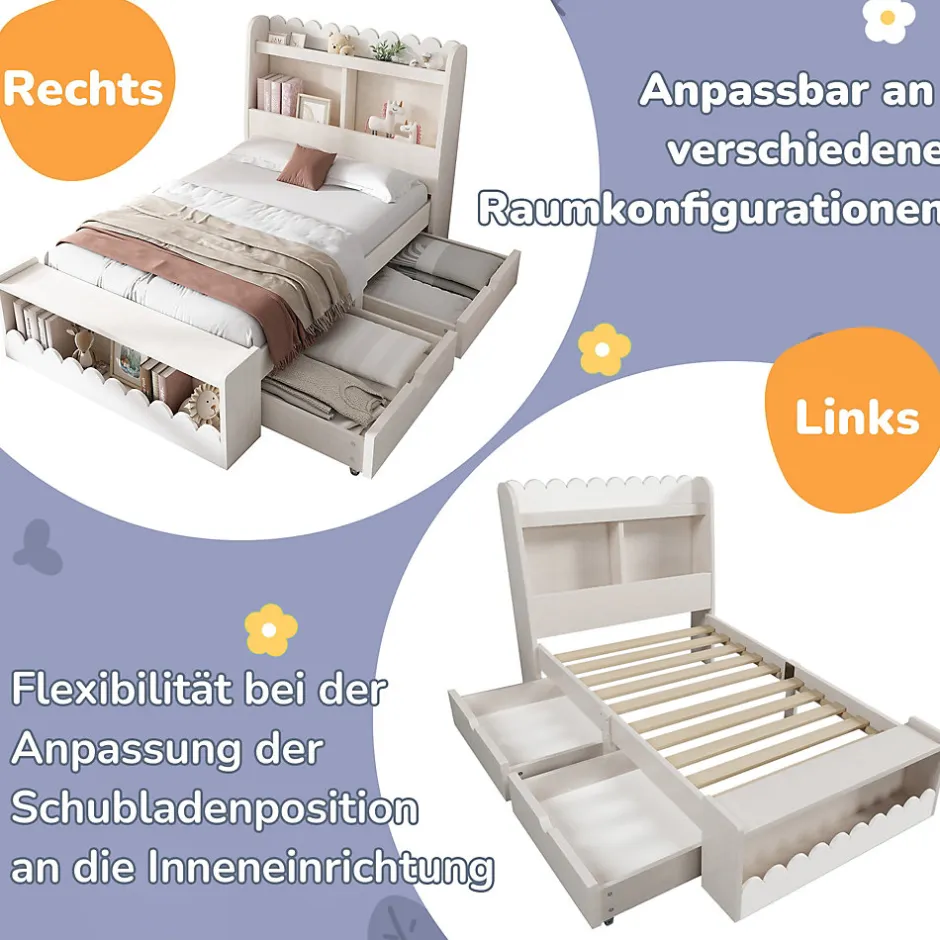 Generique Lit enfant 90x190 cm - Lit Simple avec 2 Tiroirs, Étagère et Banc, Bois Massif et MDF, Sans Matelas - Blanc et Chêne Votan