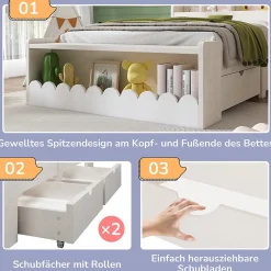 Generique Lit enfant 90x190 cm - Lit Simple avec 2 Tiroirs, Étagère et Banc, Bois Massif et MDF, Sans Matelas - Blanc et Chêne Votan
