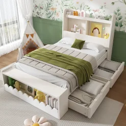 Generique Lit enfant 90x200 cm - Lit Simple avec Tiroirs et Étagère, Sans Matelas, Bois Massif et MDF, Blanc Chêne Votan Hot