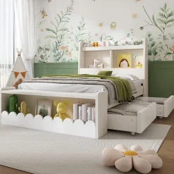 Generique Lit enfant 90x200 cm - Lit Simple avec Tiroirs et Étagère, Sans Matelas, Bois Massif et MDF, Blanc Chêne Votan Hot
