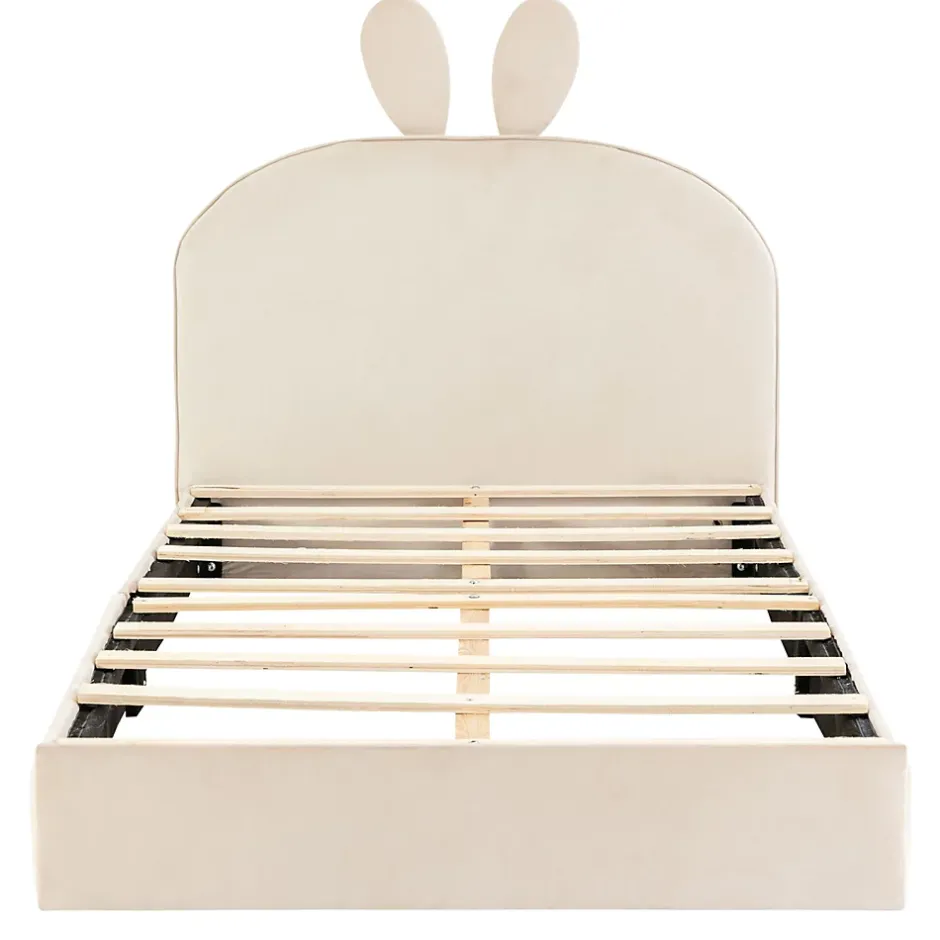 Okwish Lit enfant 90x200 cm - Lit Simple avec Tête Capitonnée, design Lapin, Sans Matelas - Velours Beige New