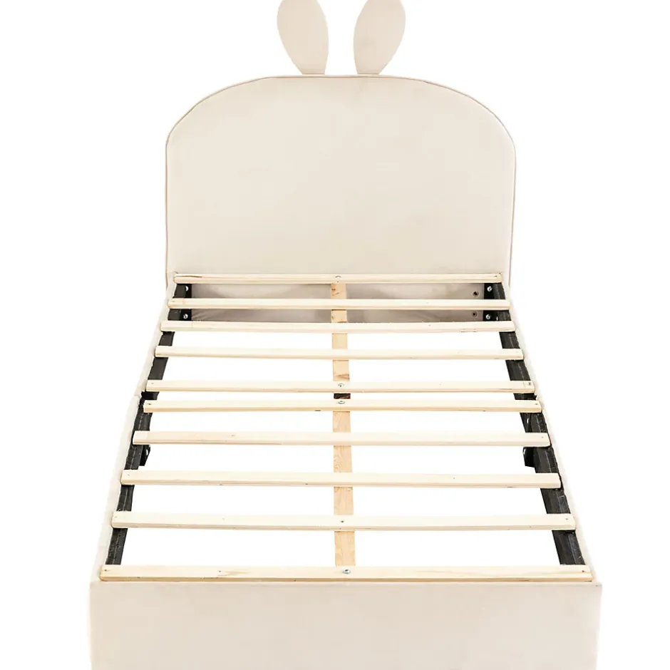 Okwish Lit enfant 90x200 cm - Lit Simple avec Tête Capitonnée, design Lapin, Sans Matelas - Velours Beige New