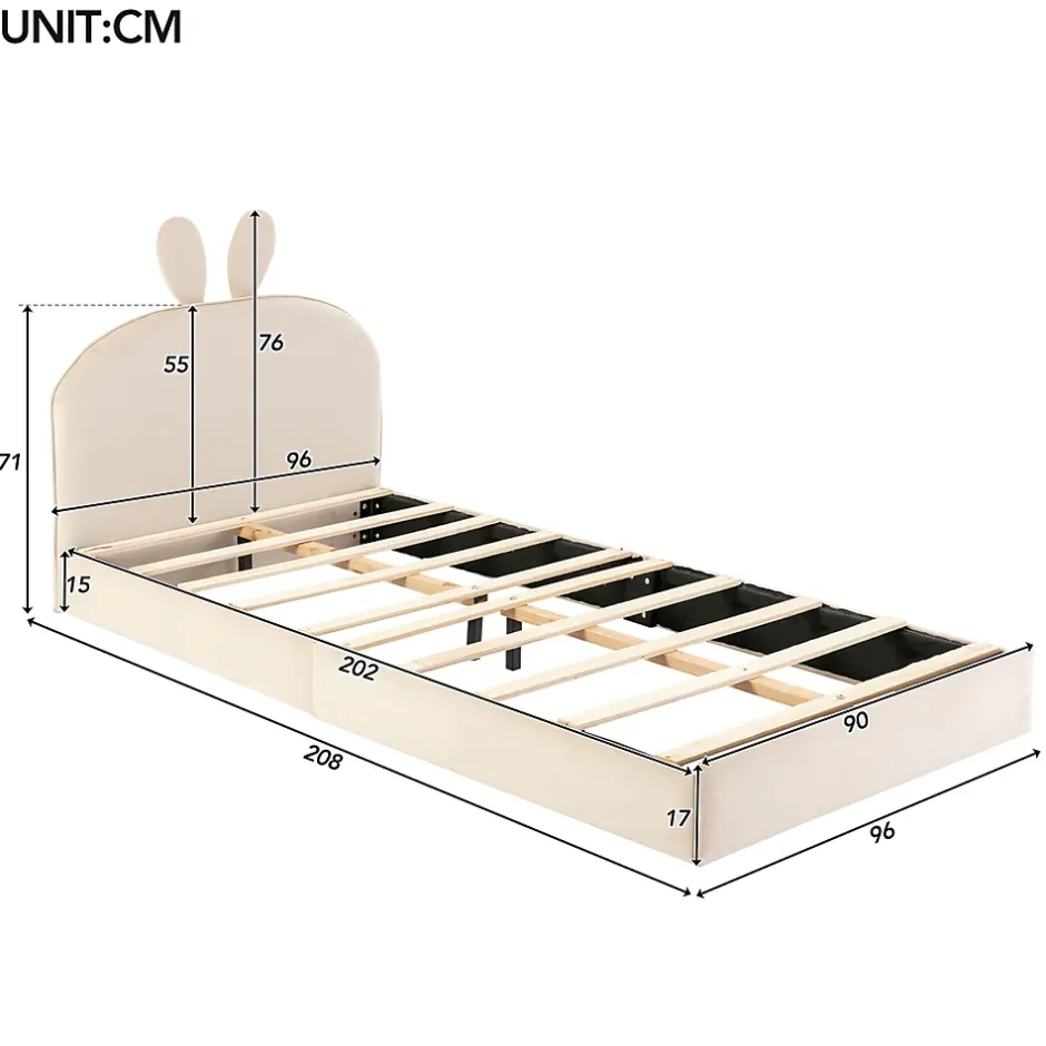 Okwish Lit enfant 90x200 cm - Lit Simple avec Tête Capitonnée, design Lapin, Sans Matelas - Velours Beige New