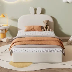 Okwish Lit enfant 90x200 cm - Lit Simple avec Tête Capitonnée, design Lapin, Sans Matelas - Velours Beige New