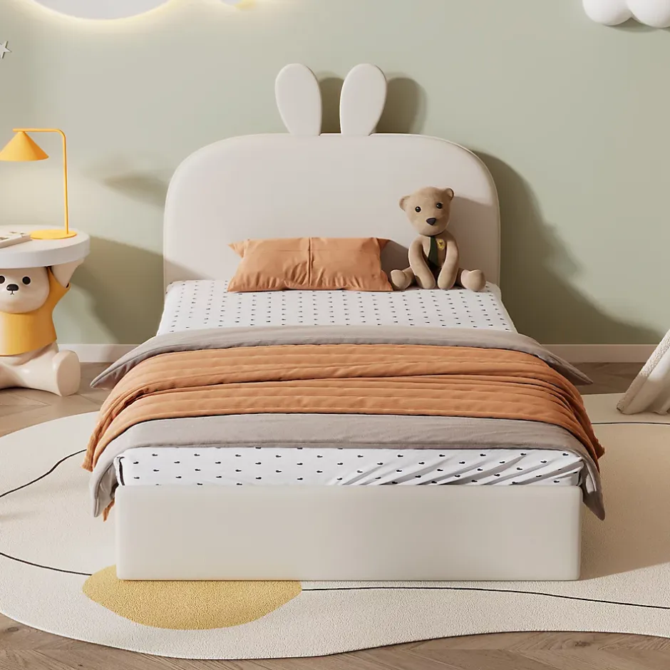 Okwish Lit enfant 90x200 cm - Lit Simple avec Tête Capitonnée, design Lapin, Sans Matelas - Velours Beige New