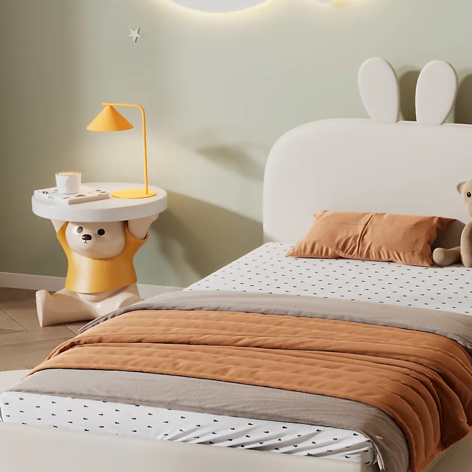 Okwish Lit enfant 90x200 cm - Lit Simple avec Tête Capitonnée, design Lapin, Sans Matelas - Velours Beige New
