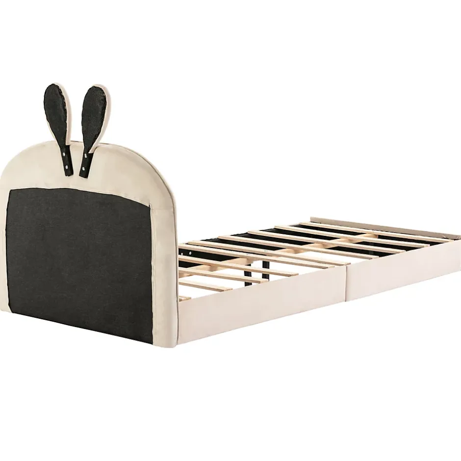 Okwish Lit enfant 90x200 cm - Lit Simple avec Tête Capitonnée, design Lapin, Sans Matelas - Velours Beige New