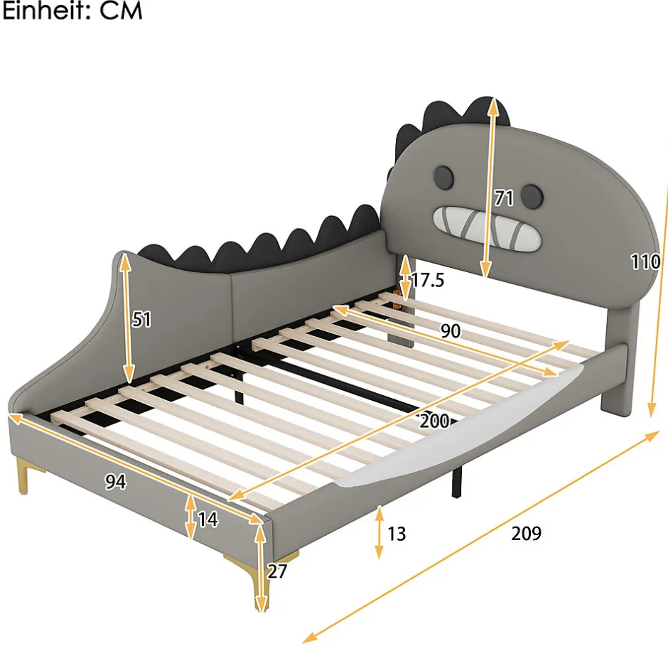 Generique Lit enfant 90x200 cm - Lit Simple Dinosaure avec Tête de Lit Décorative - PU et MDF - Gris - Sans Matelas