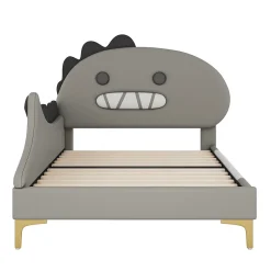 Generique Lit enfant 90x200 cm - Lit Simple Dinosaure avec Tête de Lit Décorative - PU et MDF - Gris - Sans Matelas