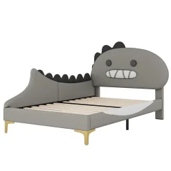 Generique Lit enfant 90x200 cm - Lit Simple Dinosaure avec Tête de Lit Décorative - PU et MDF - Gris - Sans Matelas