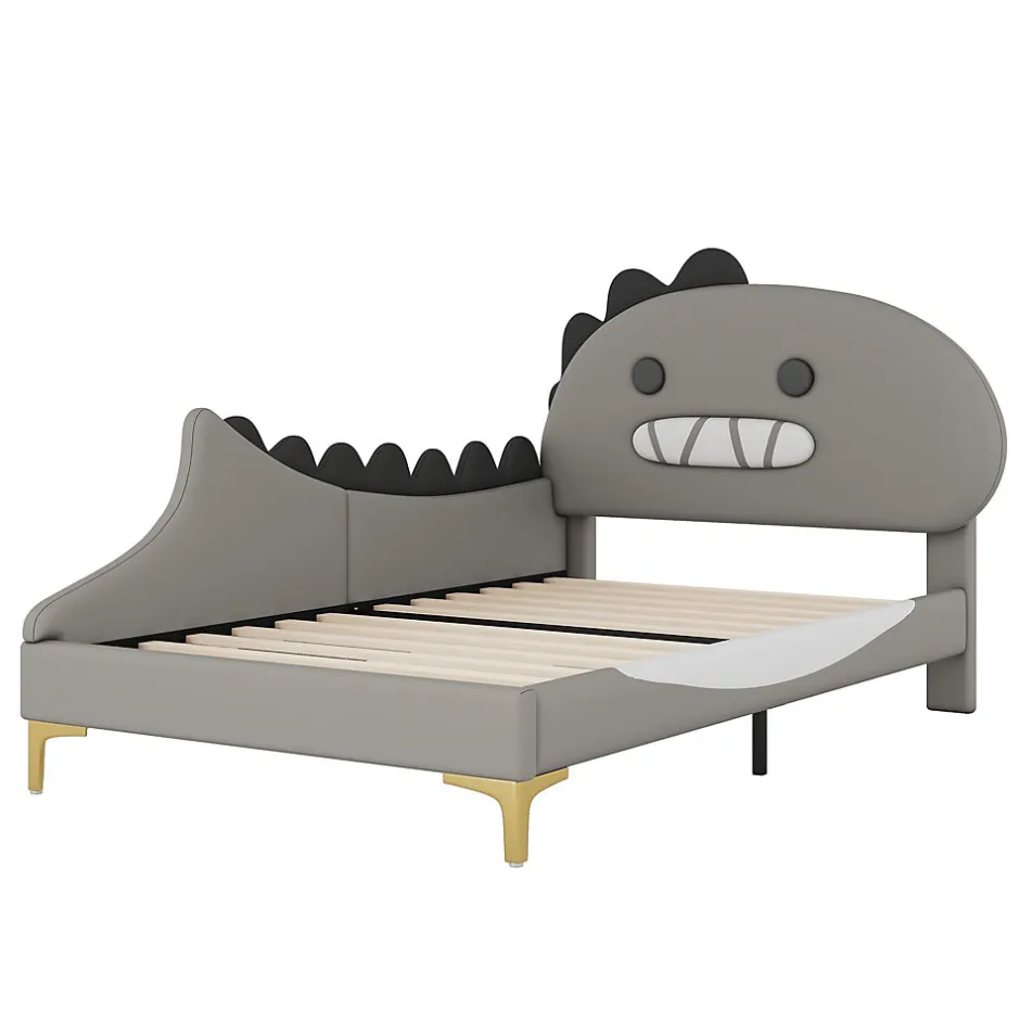 Generique Lit enfant 90x200 cm - Lit Simple Dinosaure avec Tête de Lit Décorative - PU et MDF - Gris - Sans Matelas