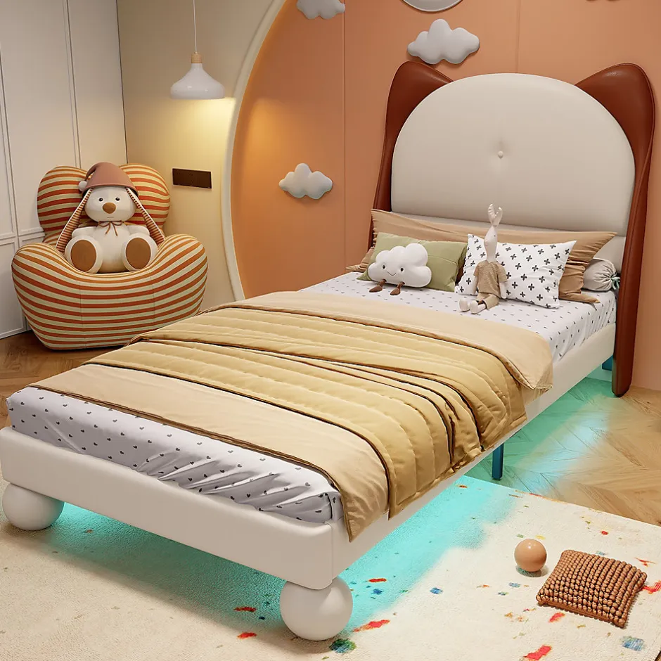Enfant Okwish Lit enfant 90x200 cm - Lit Tête de Chat avec LED intégrée - PU - Sans matelas - Beige