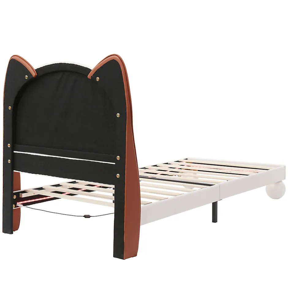 Enfant Okwish Lit enfant 90x200 cm - Lit Tête de Chat avec LED intégrée - PU - Sans matelas - Beige