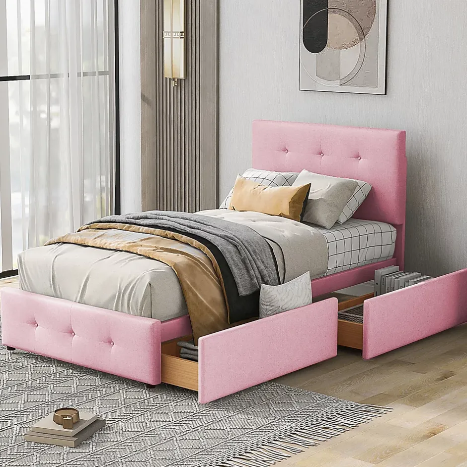 Okwish Lit enfant 90x200 cm - Sommier À Lattes et 2 Tiroirs, Lit Confortable avec Rangement Sous Le Lit, en Velours Rose, Sans Matelas Outlet
