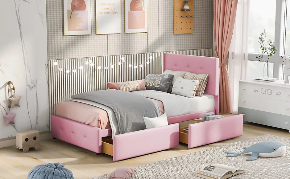 Okwish Lit enfant 90x200 cm - Sommier À Lattes et 2 Tiroirs, Lit Confortable avec Rangement Sous Le Lit, en Velours Rose, Sans Matelas Outlet