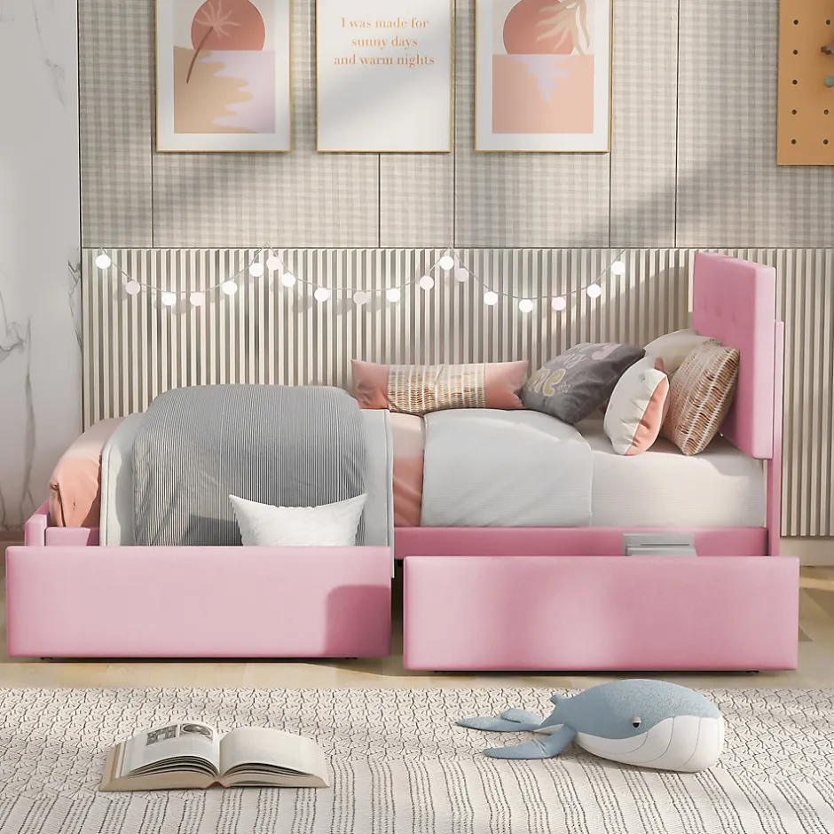 Okwish Lit enfant 90x200 cm - Sommier À Lattes et 2 Tiroirs, Lit Confortable avec Rangement Sous Le Lit, en Velours Rose, Sans Matelas Outlet