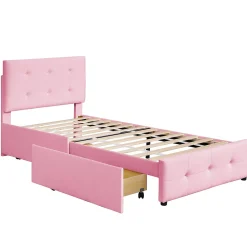 Okwish Lit enfant 90x200 cm - Sommier À Lattes et 2 Tiroirs, Lit Confortable avec Rangement Sous Le Lit, en Velours Rose, Sans Matelas Outlet