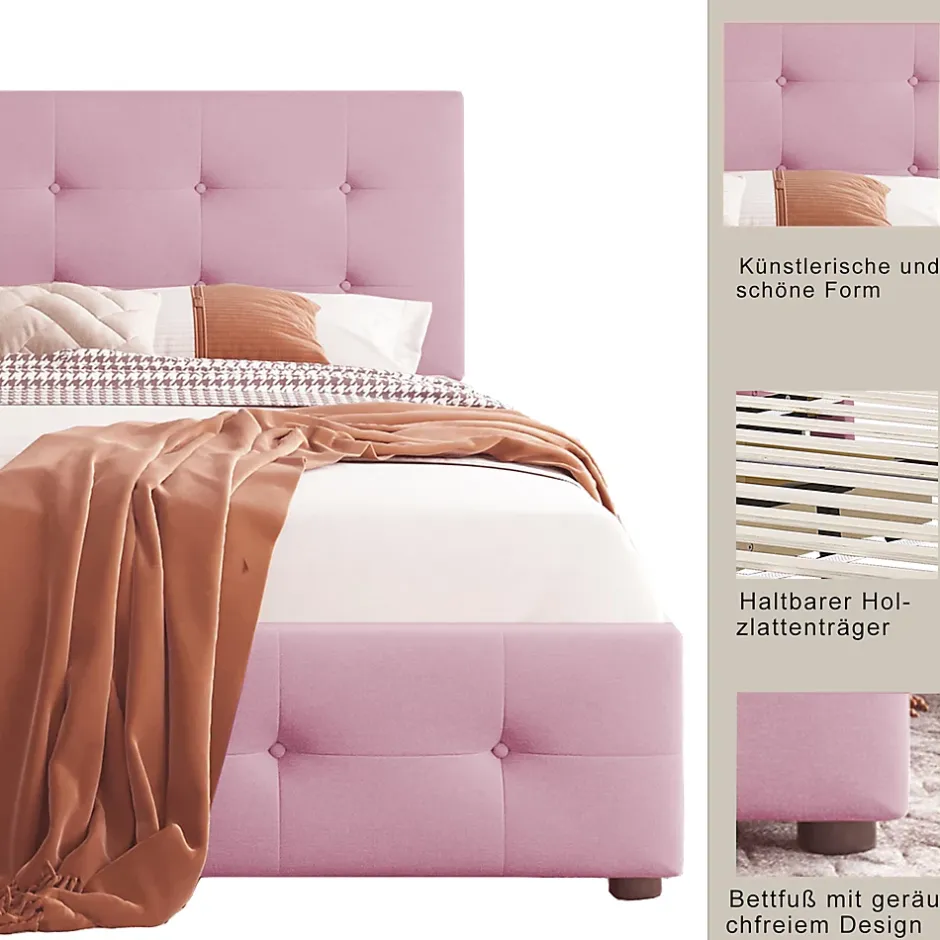 Okwish Lit enfant 90x200 cm - Sommier À Lattes et 2 Tiroirs, Lit Confortable avec Rangement Sous Le Lit, en Velours Rose, Sans Matelas Outlet