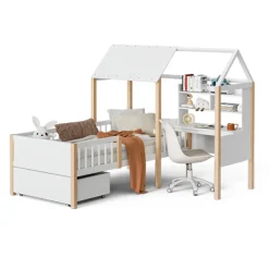 Enfant Blackcolors Lit enfant 90x200 cm, barrières, bureau L, tiroirs, bois massif - blanc
