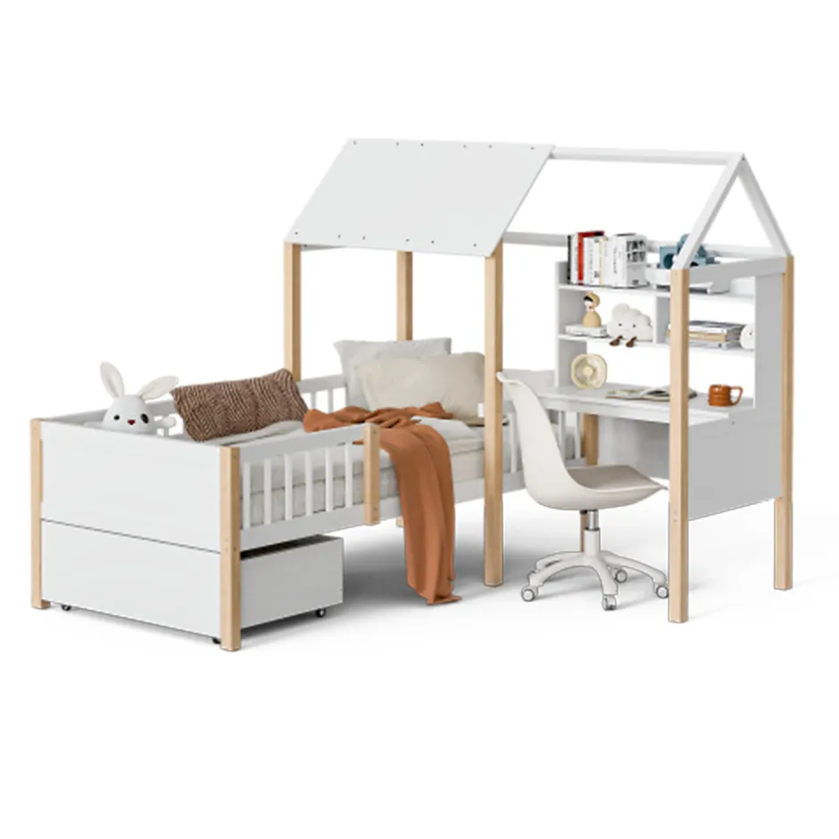 Enfant Blackcolors Lit enfant 90x200 cm, barrières, bureau L, tiroirs, bois massif - blanc