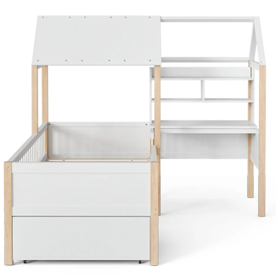 Enfant Blackcolors Lit enfant 90x200 cm, barrières, bureau L, tiroirs, bois massif - blanc