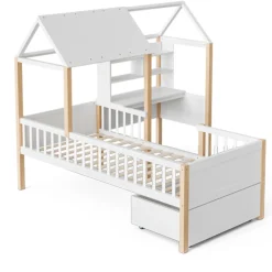 Enfant Blackcolors Lit enfant 90x200 cm, barrières, bureau L, tiroirs, bois massif - blanc