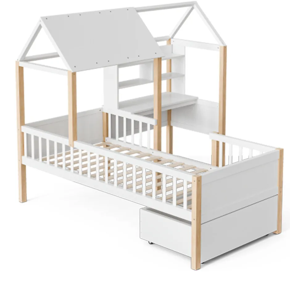Enfant Blackcolors Lit enfant 90x200 cm, barrières, bureau L, tiroirs, bois massif - blanc