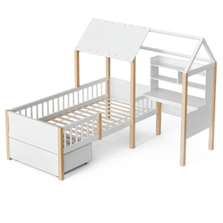Enfant Blackcolors Lit enfant 90x200 cm, barrières, bureau L, tiroirs, bois massif - blanc