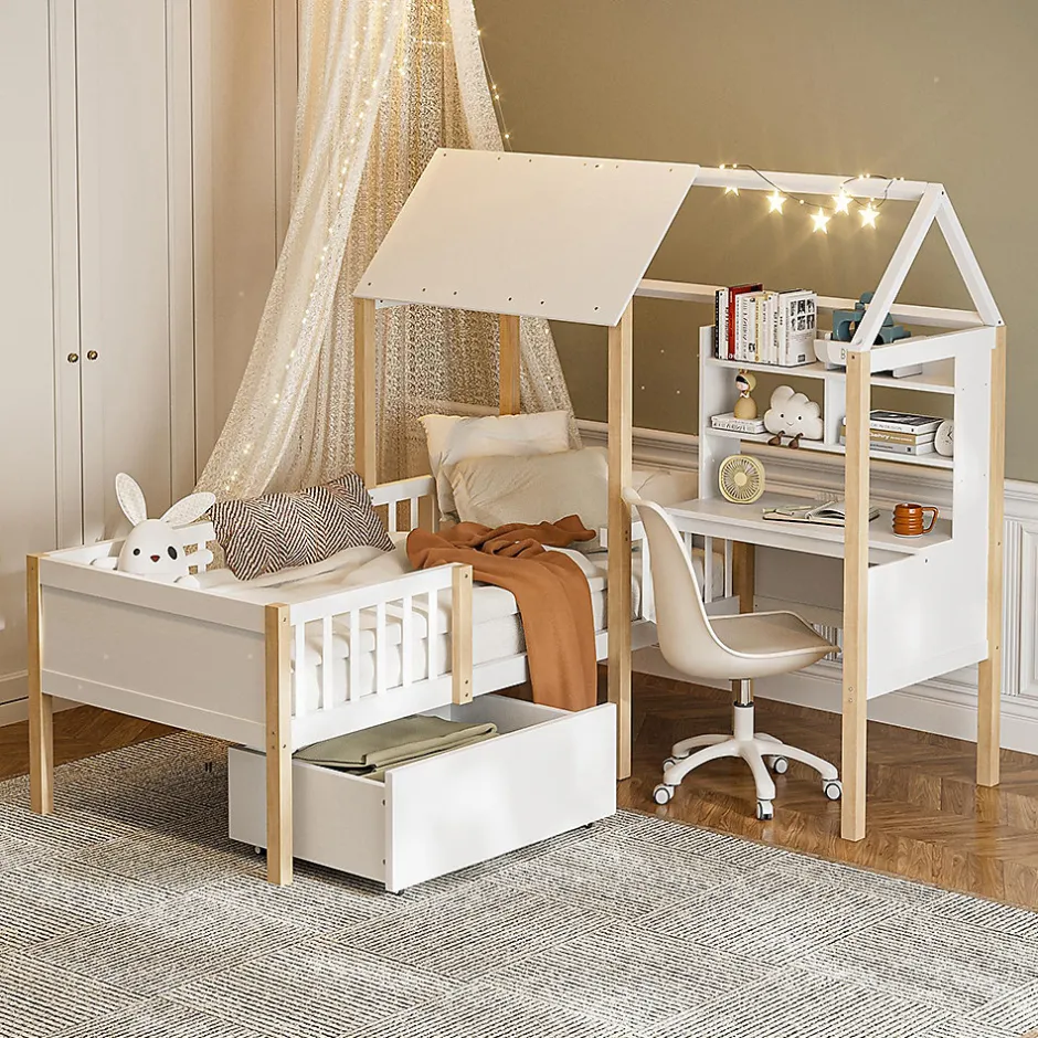 Enfant Blackcolors Lit enfant 90x200 cm, barrières, bureau L, tiroirs, bois massif - blanc