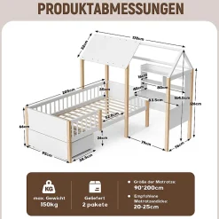 Enfant Blackcolors Lit enfant 90x200 cm, barrières, bureau L, tiroirs, bois massif - blanc