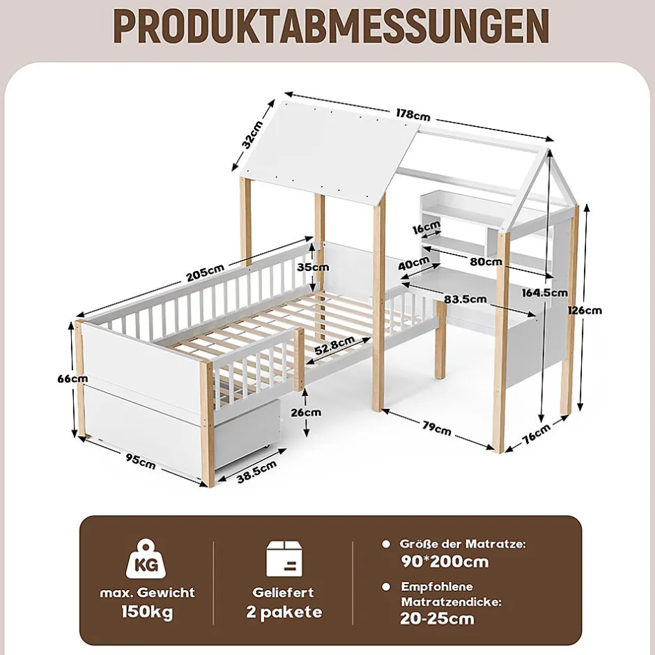Enfant Blackcolors Lit enfant 90x200 cm, barrières, bureau L, tiroirs, bois massif - blanc