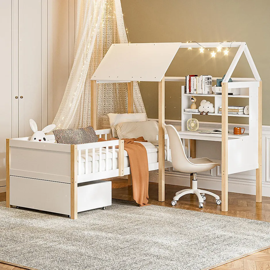 Enfant Blackcolors Lit enfant 90x200 cm, barrières, bureau L, tiroirs, bois massif - blanc