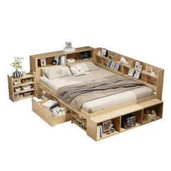 Enfant Blackcolors Lit enfant 140x200 cm, bois massif, tiroirs, armoire, recharge sans fil - naturel