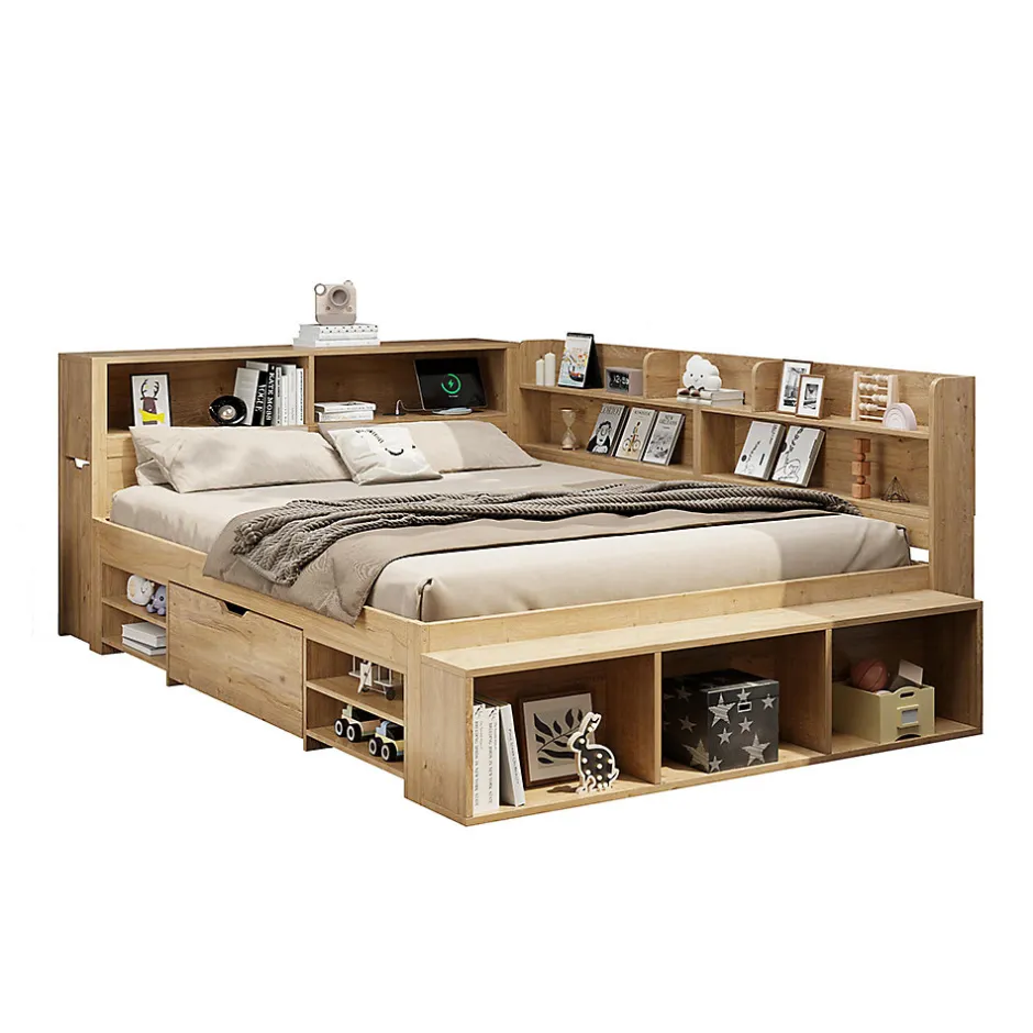 Enfant Blackcolors Lit enfant 140x200 cm, bois massif, tiroirs, armoire, recharge sans fil - naturel