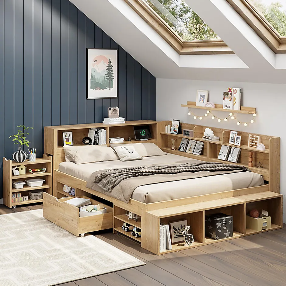 Enfant Blackcolors Lit enfant 140x200 cm, bois massif, tiroirs, armoire, recharge sans fil - naturel