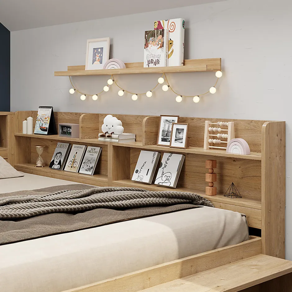Enfant Blackcolors Lit enfant 140x200 cm, bois massif, tiroirs, armoire, recharge sans fil - naturel