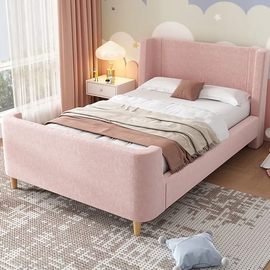 Enfant ModernLuxe Lit enfant 90x200 cm capitonné en velours Rose (matelas non inclus)