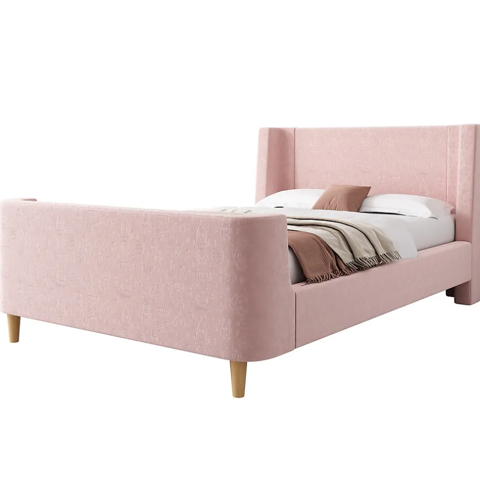 Enfant ModernLuxe Lit enfant 90x200 cm capitonné en velours Rose (matelas non inclus)