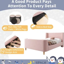 Enfant ModernLuxe Lit enfant 90x200 cm capitonné en velours Rose (matelas non inclus)