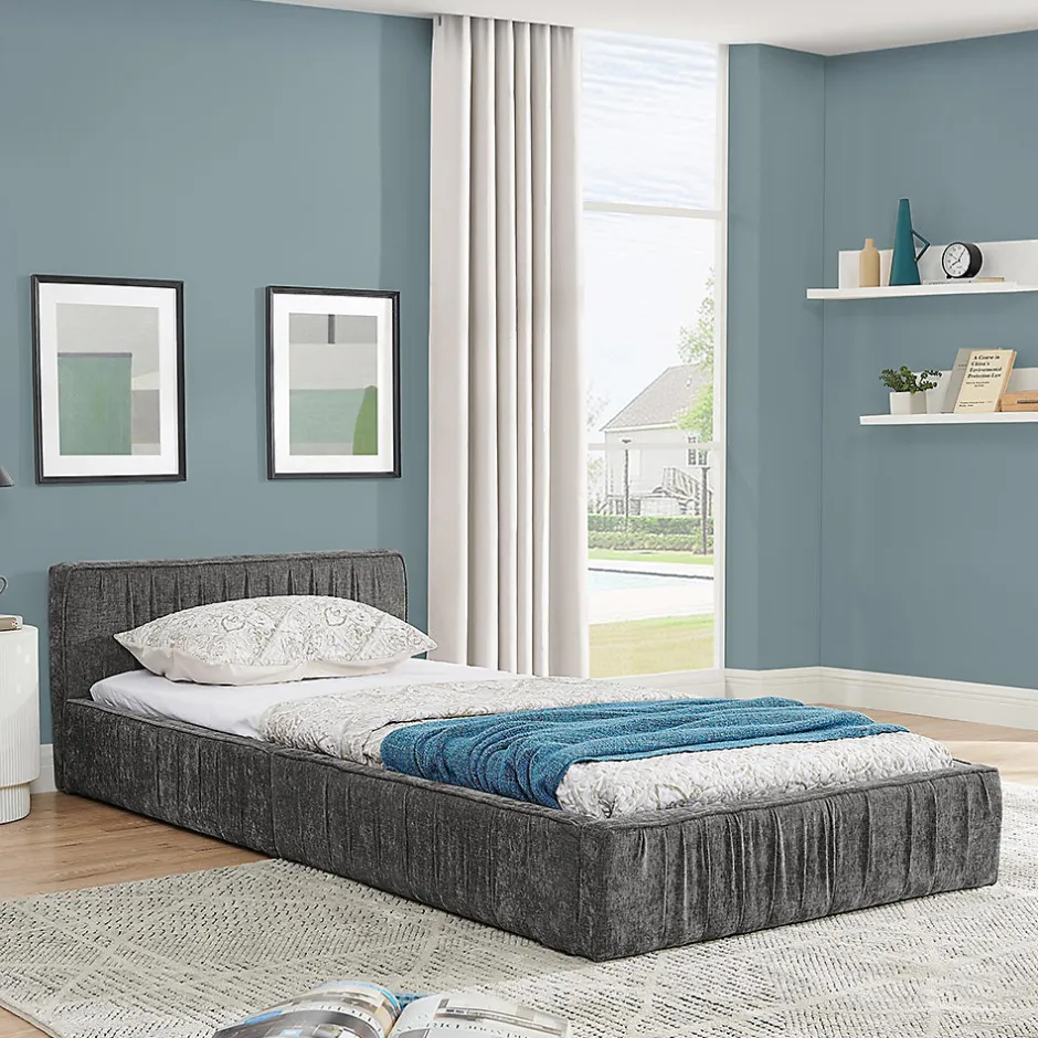 Enfant Blackcolors Lit enfant 90x200 cm, chenille veloutée, bois eucalyptus - gris foncé