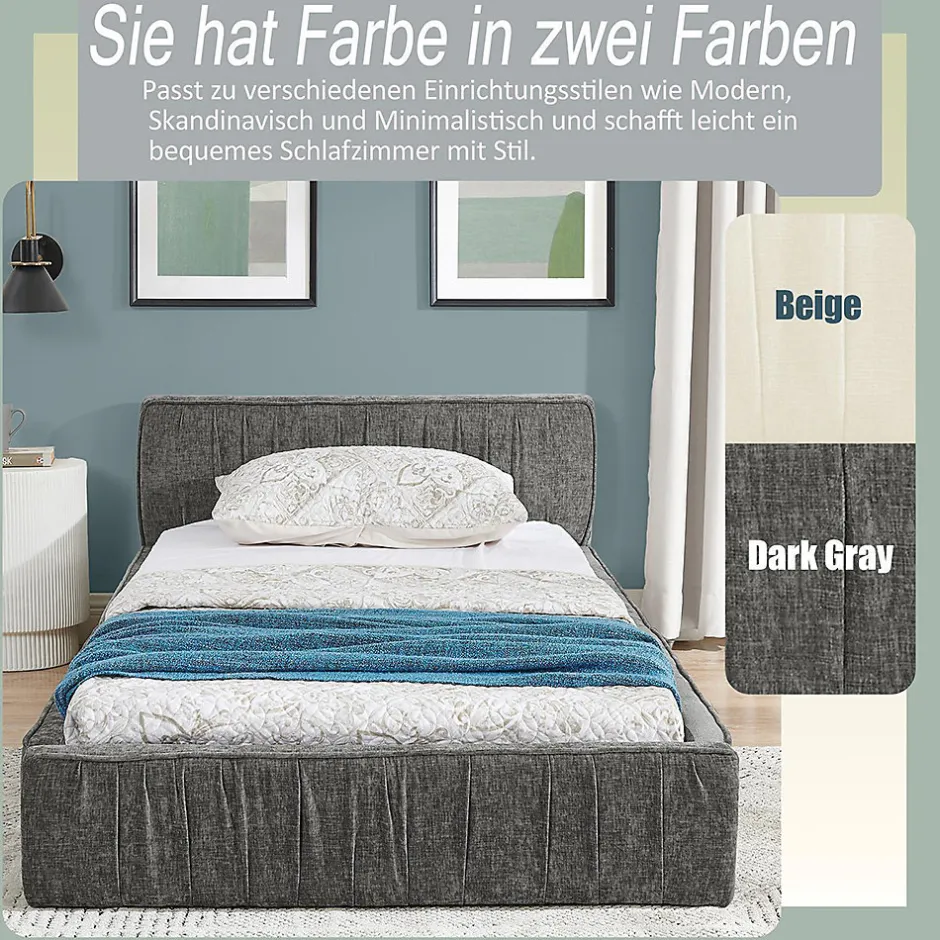 Enfant Blackcolors Lit enfant 90x200 cm, chenille veloutée, bois eucalyptus - gris foncé