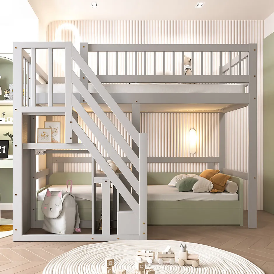Enfant ProximaX Lit enfant 90x200 cm en bois massif gris avec escalier et rangement intégré, lit pratique et solide pour enfants et adolescents