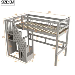 Enfant ProximaX Lit enfant 90x200 cm en bois massif gris avec escalier et rangement intégré, lit pratique et solide pour enfants et adolescents