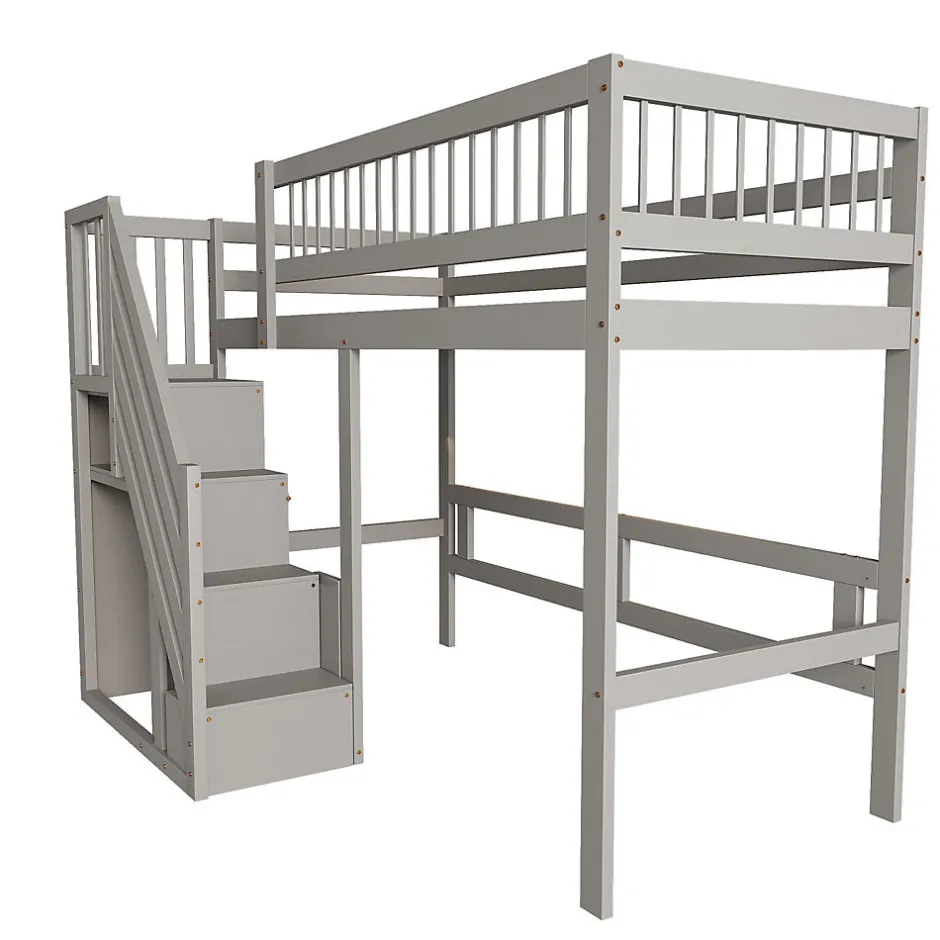 Enfant ProximaX Lit enfant 90x200 cm en bois massif gris avec escalier et rangement intégré, lit pratique et solide pour enfants et adolescents
