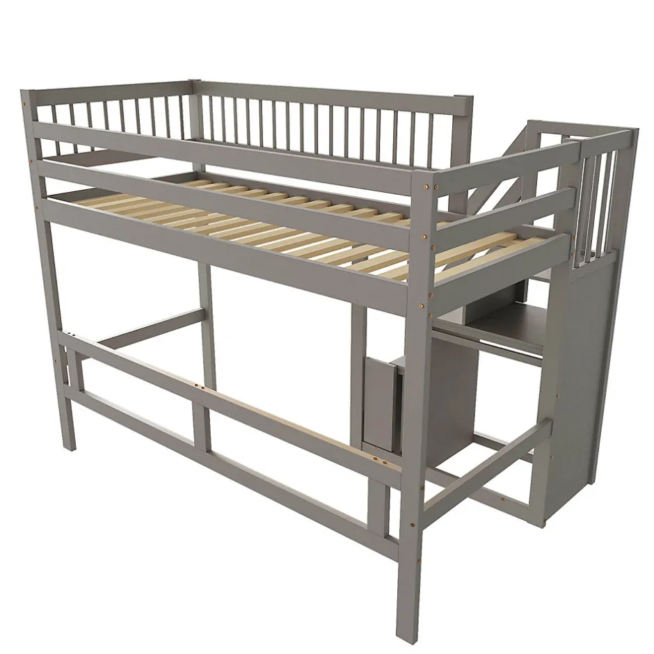 Enfant ProximaX Lit enfant 90x200 cm en bois massif gris avec escalier et rangement intégré, lit pratique et solide pour enfants et adolescents