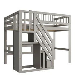 Enfant ProximaX Lit enfant 90x200 cm en bois massif gris avec escalier et rangement intégré, lit pratique et solide pour enfants et adolescents