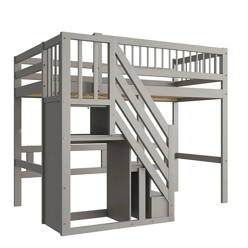 Enfant ProximaX Lit enfant 90x200 cm en bois massif gris avec escalier et rangement intégré, lit pratique et solide pour enfants et adolescents