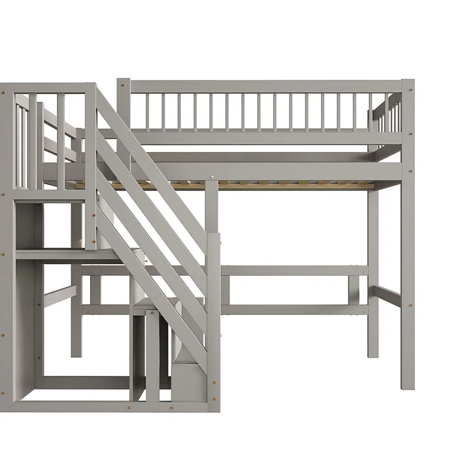 Enfant ProximaX Lit enfant 90x200 cm en bois massif gris avec escalier et rangement intégré, lit pratique et solide pour enfants et adolescents