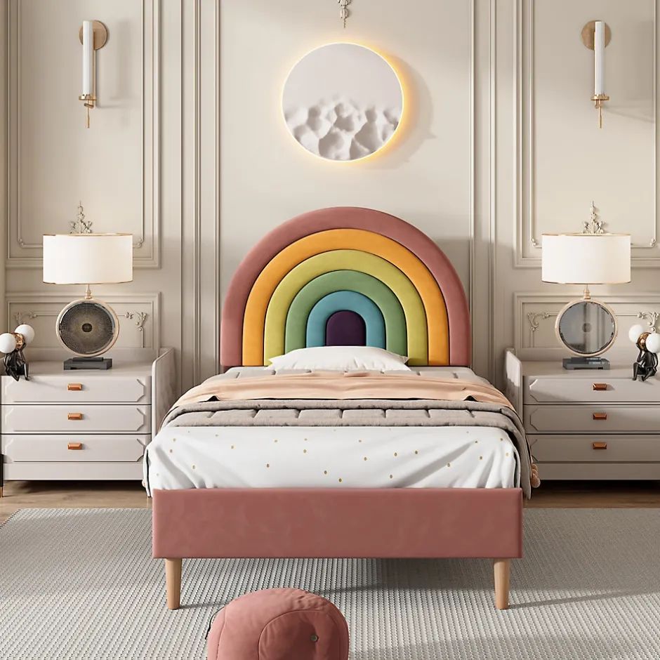 Okwish Lit enfant 90x200 cm, Lit Capitonné avec Tête de Lit Arc-en-Ciel Réglable, Revêtement en Velours Doux - Rose, Sans Matelas Sale