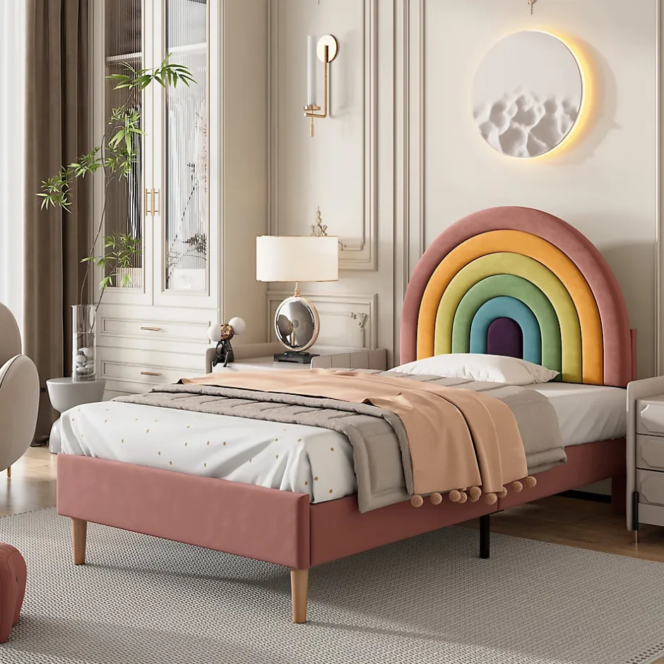 Okwish Lit enfant 90x200 cm, Lit Capitonné avec Tête de Lit Arc-en-Ciel Réglable, Revêtement en Velours Doux - Rose, Sans Matelas Sale